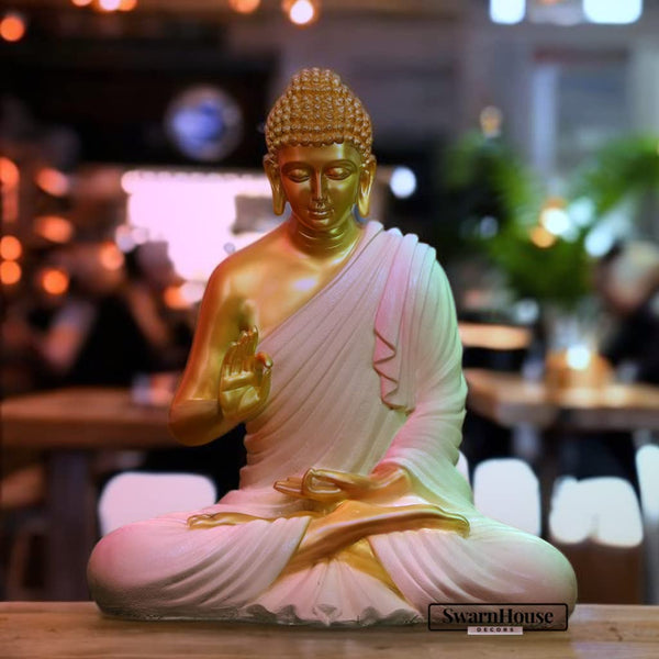 Swarnhouse Beautiful Sitting Buddha Idol Statue for Home & Garden 2 FT – Premium Cream & Golden Full Gloss